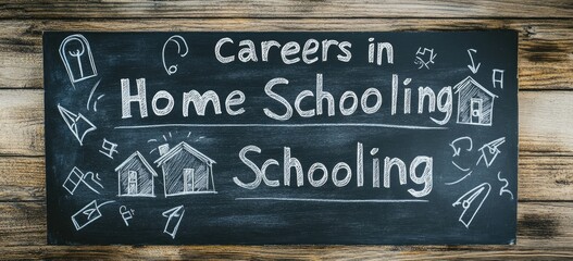 Chalkboard with Careers in Home Schooling and Schooling written on it, with simple doodles of houses and other objects surrounding the text