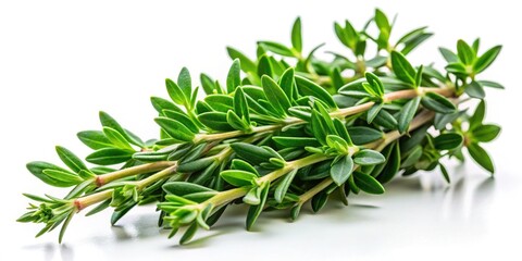 Fototapeta premium Thyme Herb, Medicinal Plant, Culinary Herb, Aromatic Thyme, White Background, Isolated Thyme Sprig, Fresh Thyme, Closeup Thyme, Herbal Photography, Food Photography, Thyme Leaves, Healthy Herb
