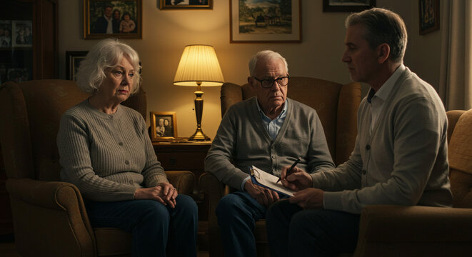 Elderly couple consulting with a professional in a warmly lit living room setting with lamps and pictures - Powered by Adobe