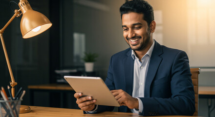 Man in suit smiling while using a tablet at a desk with a lamp and pencil holder in an office setting