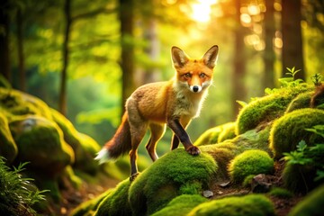 Tilt-Shift Red Fox Forest Photography: Mossy Rocks, Wildlife, Single Fox, Nature Scene, Adorable Animal