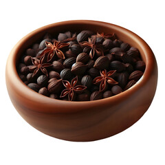 A wooden bowl filled with an assortment of whole star cardamon