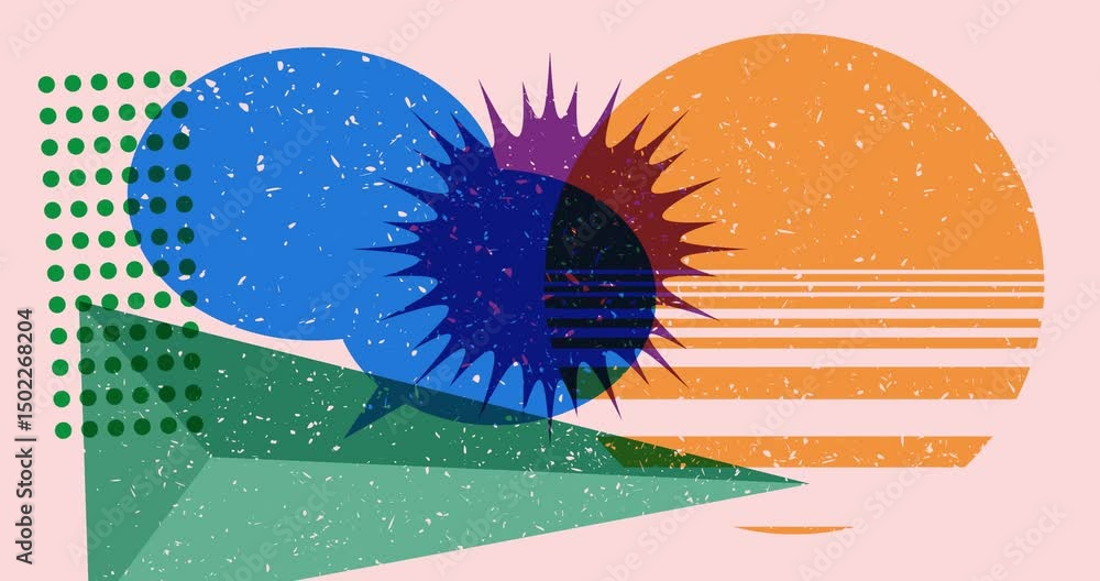 Poster risograph speech bubble with geometric shapes animation. moving object in trendy riso graph design v