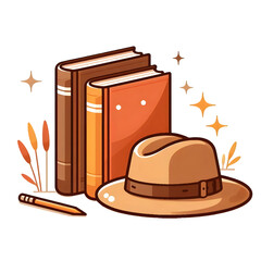 Illustration featuring a brown book, an orange book, and a beige hat, arranged side by side on a light background