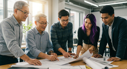Diverse group of professionals collaborating on blueprints at a bright office conference table together