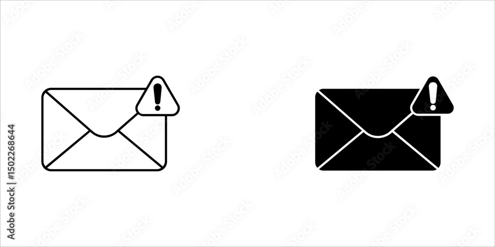 Poster spam email warning icon with envelope, triangle and exclamation mark in black outline style