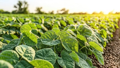 Fototapeta premium Close-up view of vibrant green bean plants in a field.