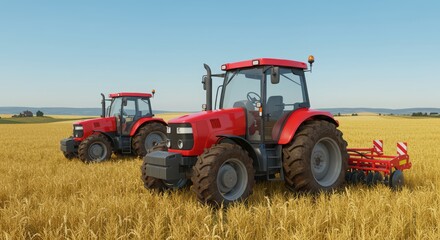 Obraz premium Two Red Tractors in Wheat Field