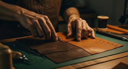 Artisan man making leather product. Craftsman hands cutting and carving real leather. Handmade craft workshop for hobby or small business.