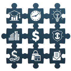 silhouette Puzzle pieces connecting education and finance symbols in a white background