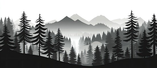 A misty forest with towering mountains in the background