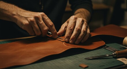 Man doing leather stitching work with needle. Leather handicraft making process. Handmade leather craft for creative hobby and artisan lifestyle.