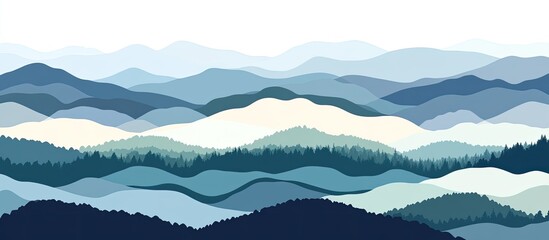 A stylized, layered mountain range with a forest in the valley