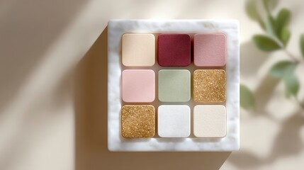 Fototapeta premium Elegant Makeup Palette Neutral Shades Soft Textures Marble Tray Flatlay