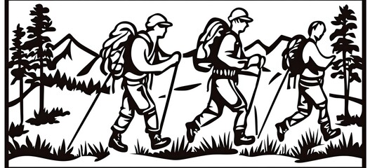 Fototapeta premium Three hikers with backpacks and trekking poles walk through mountains and forest