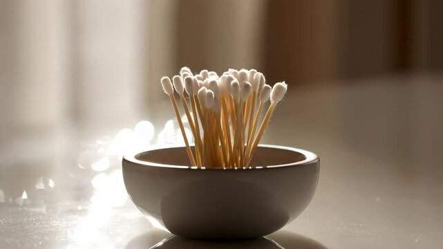 Cotton swabs with wooden sticks in a small white bowl on a reflective surface with neutral background, soft focus