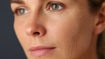 Fototapeta premium Scar removal and healing process on woman face showing natural skin texture and healthy appearance