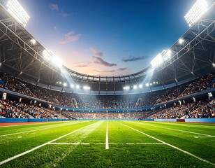 Night Football Stadium: Packed Stands, Bright Lights, Lush Green