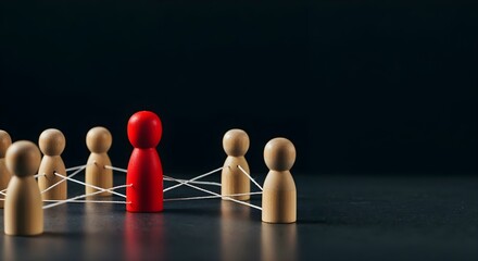 A red figure stands out among wooden figures, symbolizing leadership and teamwork in a business meeting setting
