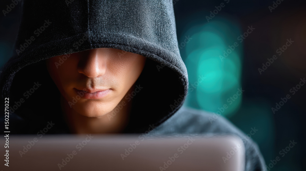 Poster cybersecurity hacker in dark hoodie works intensely on laptop creating mysterious and focused atmosp
