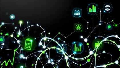 Abstract business infographic background with glowing icons, data points, and network connections in a minimalist style .