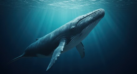 Naklejka premium Blue Whale Swimming Underwater Ocean