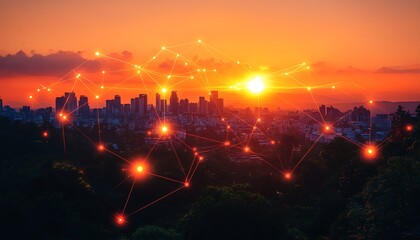 Cityscape at sunset, connected network