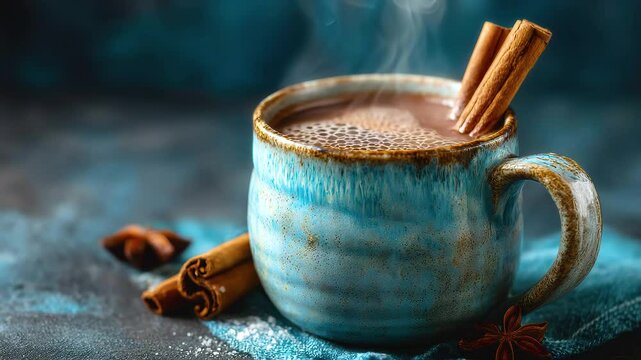 Steaming hot chocolate in rustic ceramic mug with cinnamon stick and star anise on textured surface, cozy warm beverage and drink