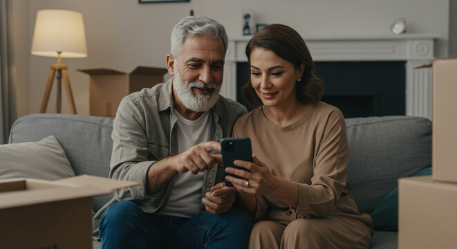 Older couple looking at a smartphone together on the couch surrounded by moving boxes in their new home - Powered by Adobe