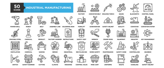 50 Industrial Manufacturing icon set. Containing design industry, technology, manufacturing, factory, industrial	