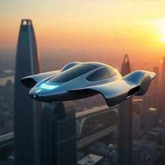 A flying car soaring above the city in the evening sky of 2030