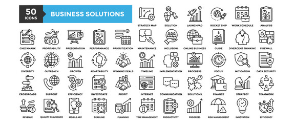 50 Business Solution icon set. Containing design strategy, business, solution, success, technology	
