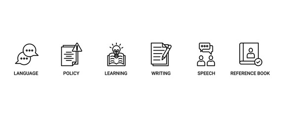 Grammar banner web icon set vector illustration concept for language education with icon of communication, policy, learning, writing, speech, and reference book