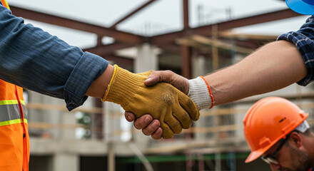 Construction workers shaking hands on a construction site with safety gear and building framework visible
