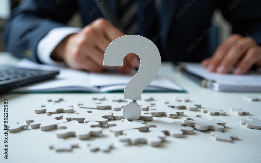Poster question mark and root cause analysis concept. business professional contemplating solutions with pu