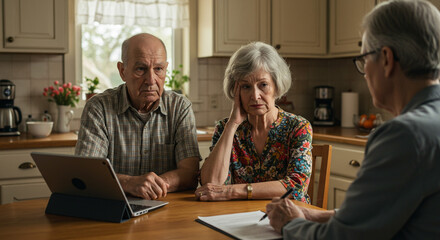 Senior couple meeting with financial advisor at kitchen table with laptop and paperwork discussion