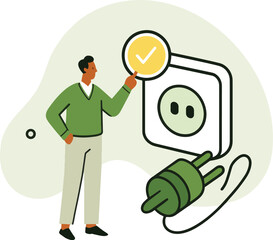 Green Energy Vector Illustration with Man, Plug, and Outlet.