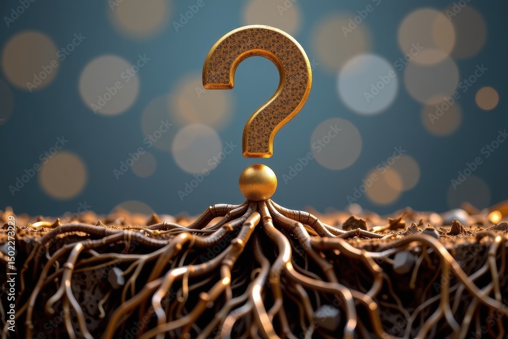 Poster question mark and root cause analysis concept. a question mark emerges from intricate roots, symboli