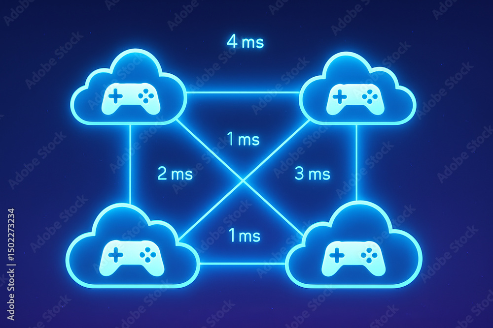Poster cloud gaming and latency concept. network diagram illustrating cloud gaming latency connections.