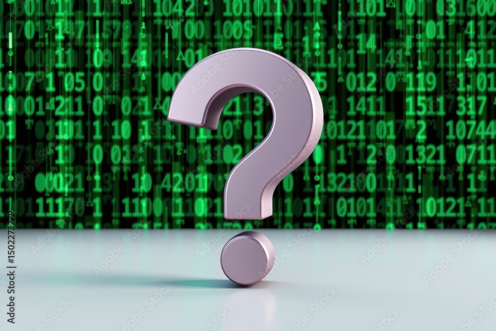 Poster question mark and root cause analysis concept. metallic question mark on a digital green binary code