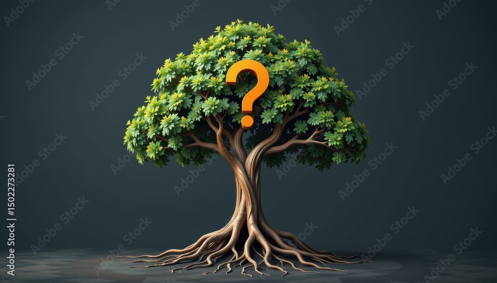 Poster question mark and root cause analysis concept. a tree with a question mark, symbolizing curiosity an