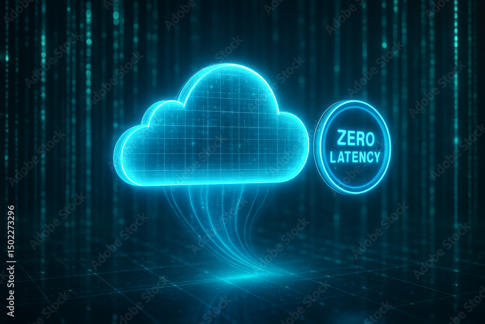 Leinwandbilder cloud gaming and latency concept. digital cloud with zero latency concept in blue neon style.