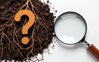 Question mark and root cause analysis concept. Root question mark placed in soil with a magnifying glass exploring the environment.