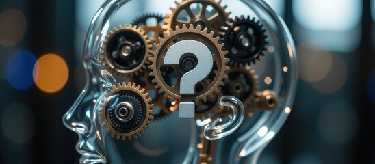 Question mark and root cause analysis concept. A conceptual image of a transparent head with gears and a question mark inside.