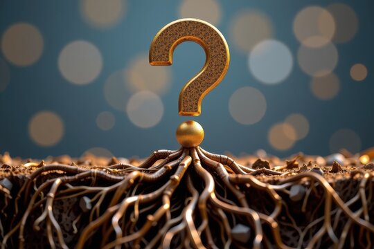 Question mark and root cause analysis concept. A question mark emerges from intricate roots, symbolizing curiosity and discovery.