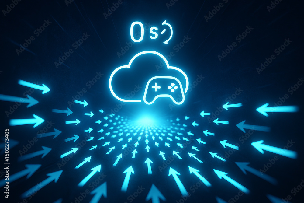 Aufkleber cloud gaming and latency concept. digital gaming concept with cloud storage and directional arrows.