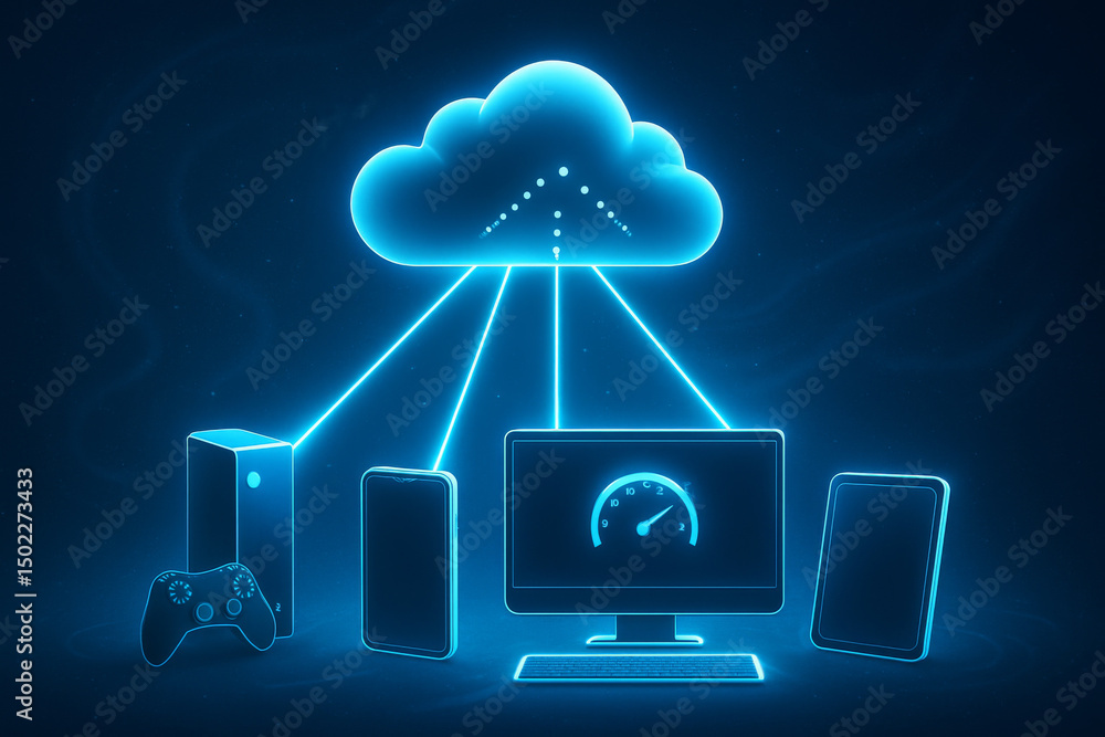 Aufkleber cloud gaming and latency concept. cloud computing concept connecting various devices digitally.