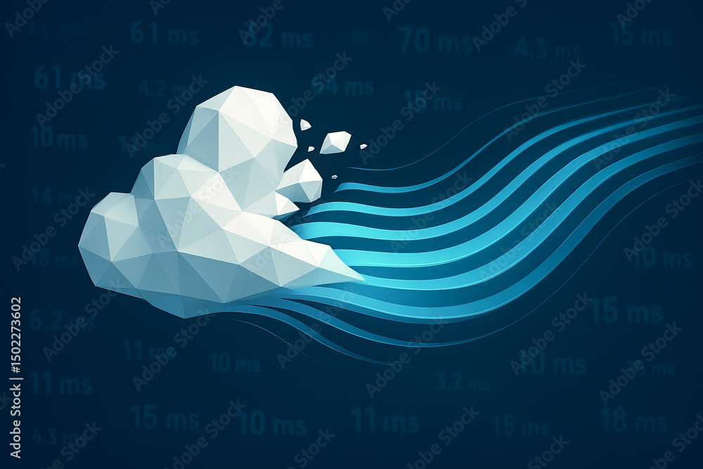 Aufkleber cloud gaming and latency concept. Polygonal cloud with flowing lines on a dark background.