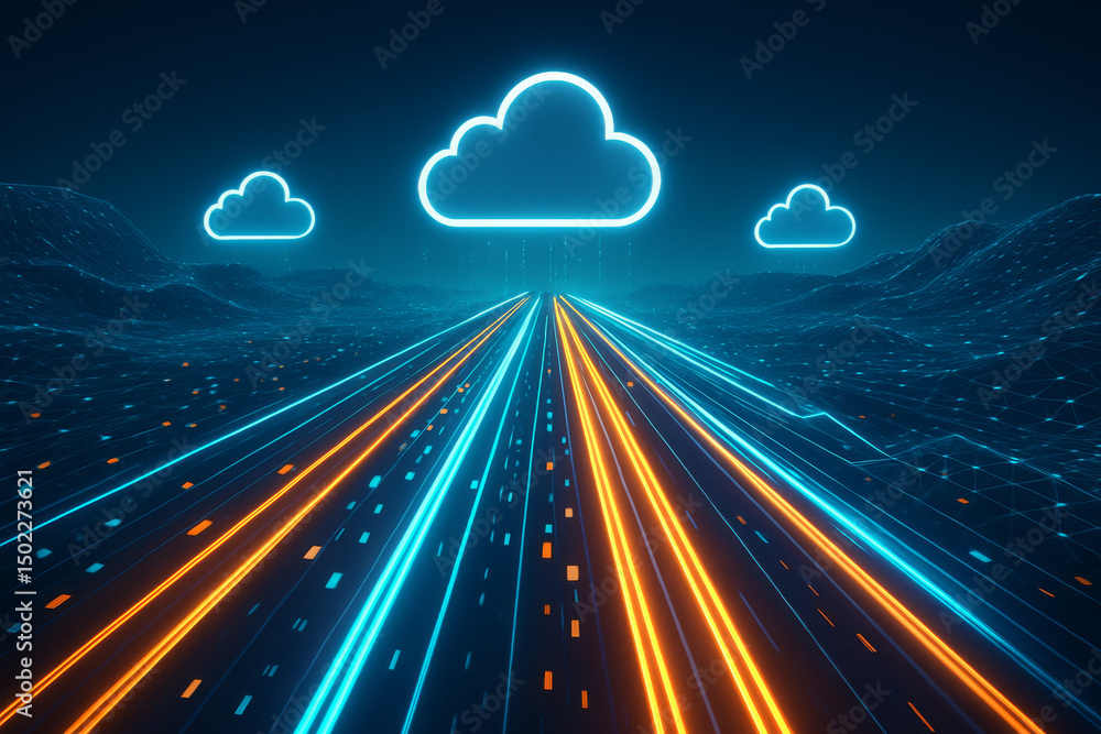 Leinwandbilder cloud gaming and latency concept. futuristic highway with glowing clouds and digital elements.
