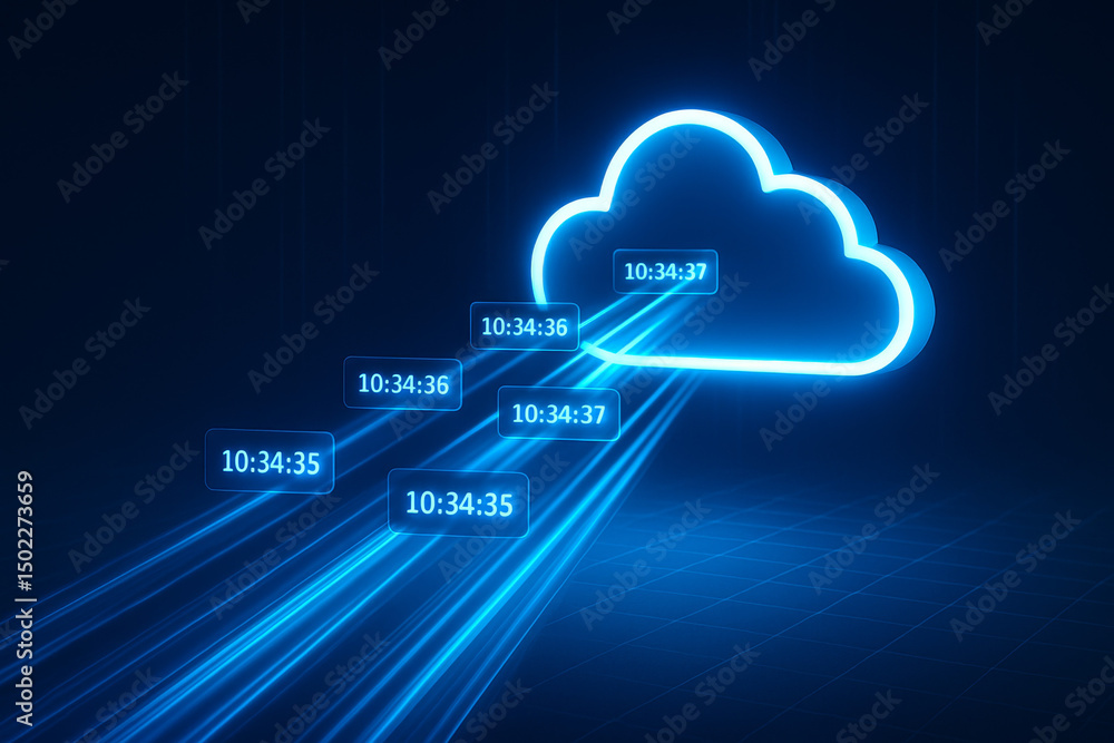 Poster cloud gaming and latency concept. cloud technology with data transfer indicators and blue neon effec